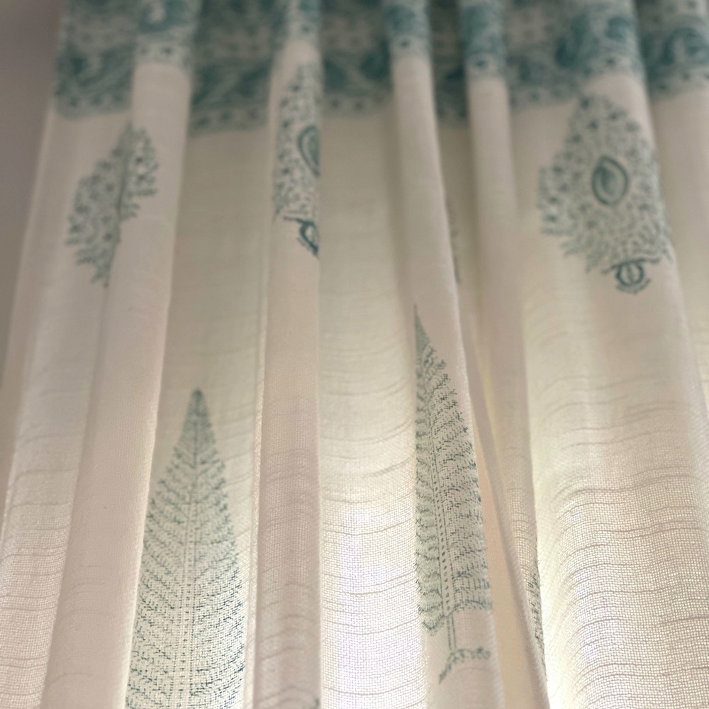 Elegant 9’ hand block printed linen curtains- timeless craftsmanship. Set of 2.